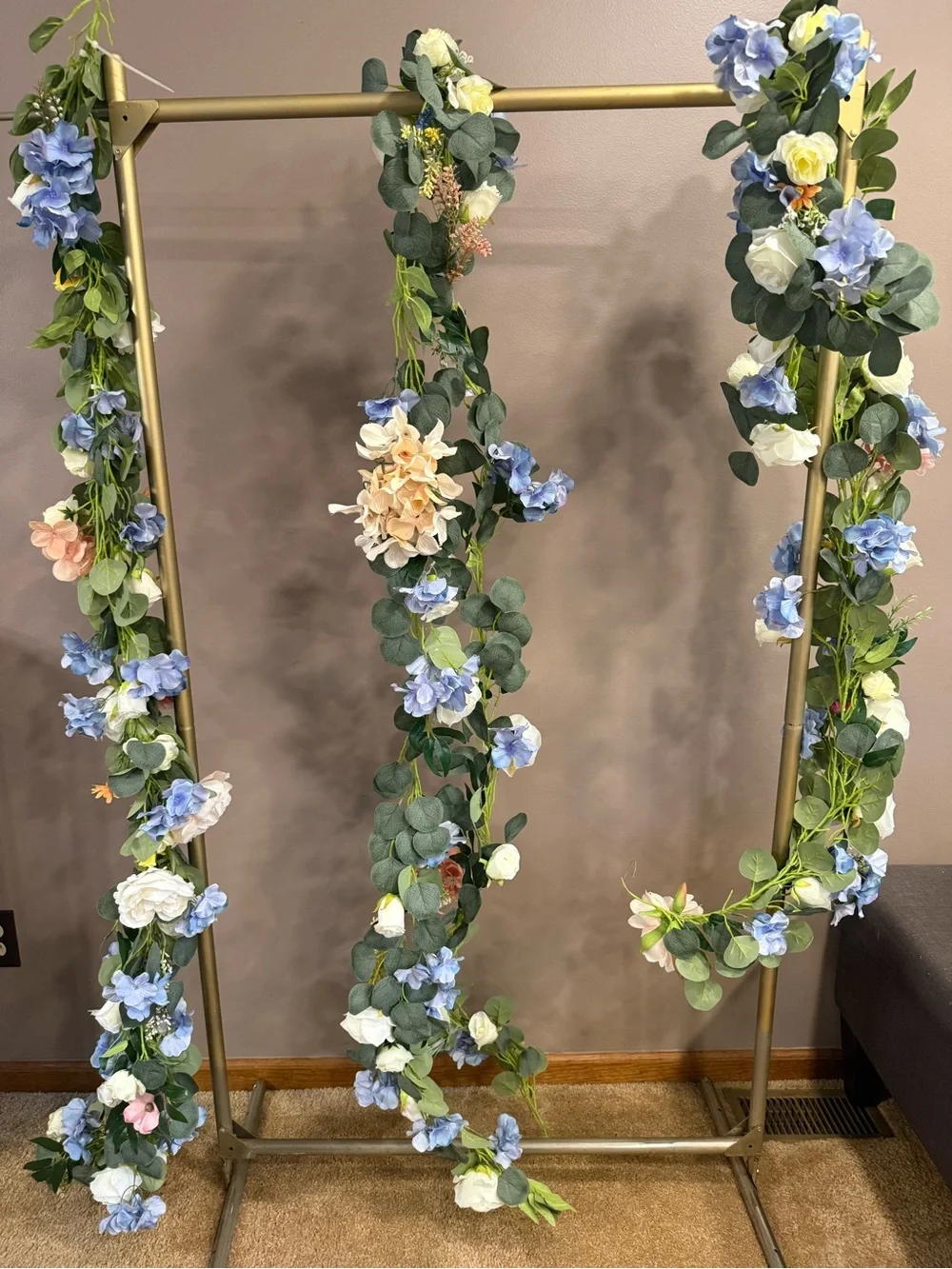 4-Floral Artificial Eucalyptus Garland with Blue Hydrangeas and Roses